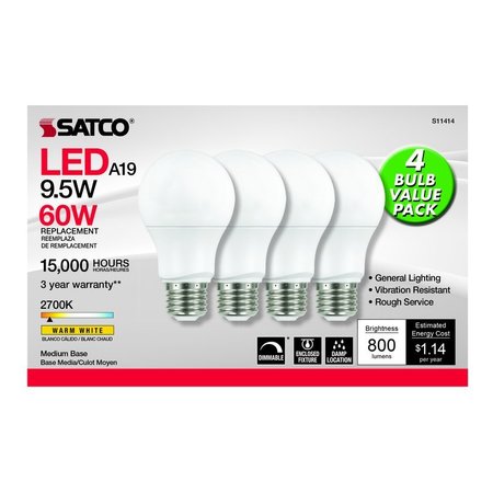 SATCO . A19 E26 (Medium) LED Bulb Warm White 60 Watt Equivalence 4 pk S11414